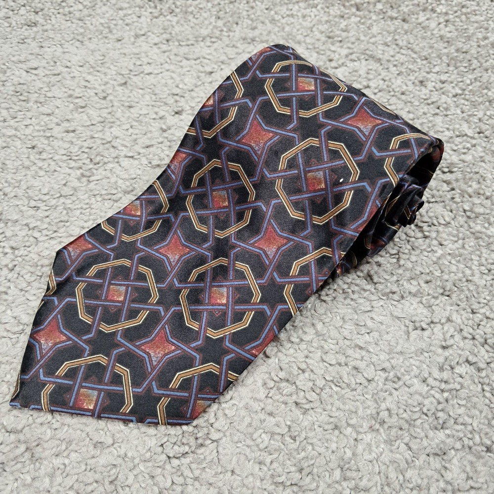 Zylos George Machado Mens Geometric Silk Tie Black Blue Gold Red Made in USA